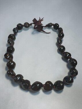 Chunky Dark Brown Polished Bead Necklace With Adjustable Ribbon Tie - 26 Inches